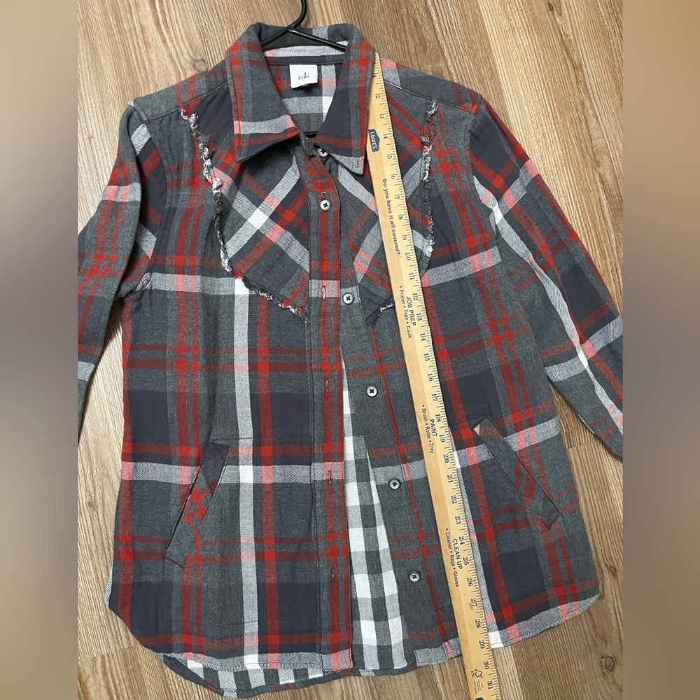 CAbi Plaid Tavern Shirt Fringe Detail Red Gray Size M - Picture 11 of 11